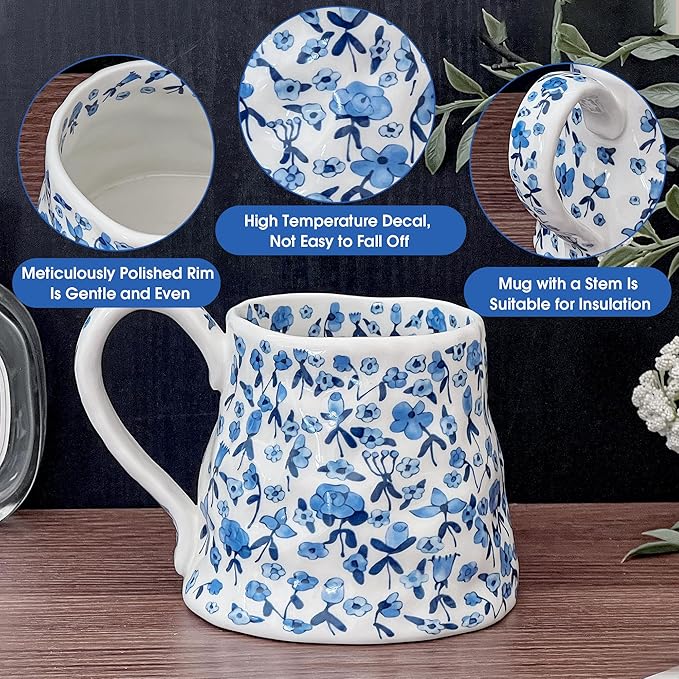 Large Ceramic Coffee Mug Cute Flower with Handmade Big Handle, 20oz Girly Blue Floral Tea Cup for Women Valentine Gift, Novelty Irregular Oversized Christmas Mugs for Latte Tea Milk Cocoa