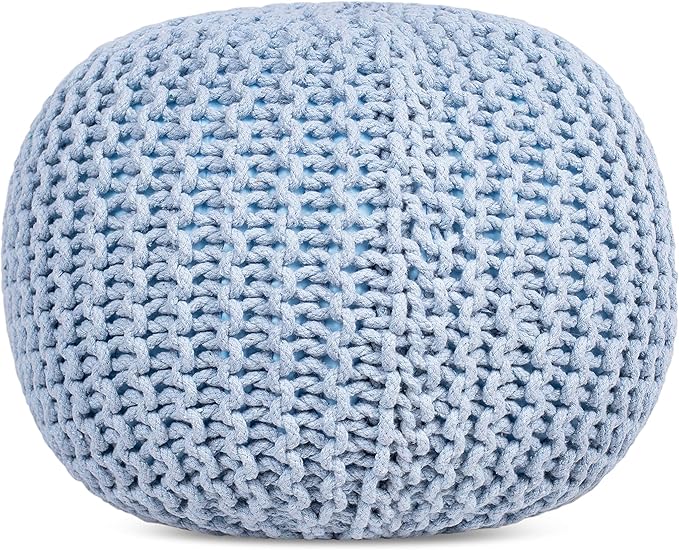 BIRDROCK HOME Round Pouf Ottoman | Cotton Braided Foot Stool with Bean Bag Filling | Boho Foot Rest for Living Room & Bedroom | Compact & Comfortable Seating, Lightweight & Soft | Soft Blue