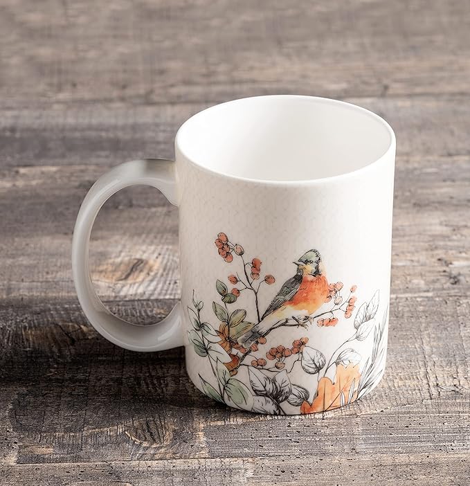 Maison d' Hermine Coffee Mug with Handles Fine Bone China Mugs Pack of One Tea Cups for Hot Beverages Cappuccino Latte Home Office Perfect for Gift (Whitish Shabby Chique - Winter Berries, 12 Ounce)