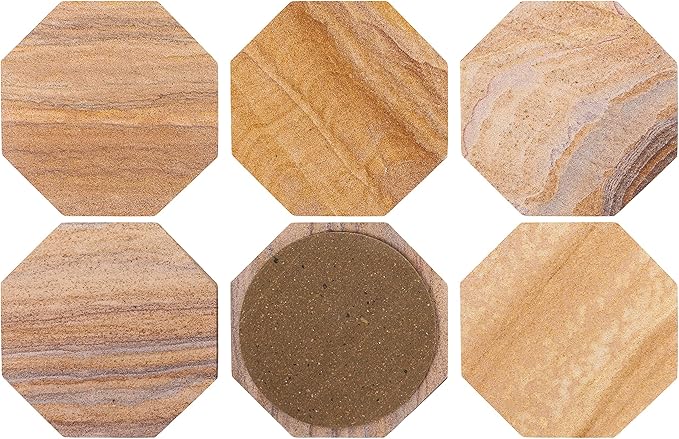 Sandstone Water Absorbent Hand Crafted Octagon Coasters with Holder for Drinks 4 Inches Wide Thirsty Stone Bar/Drink Coasters Made from Real Solid Stone (with Holder, Set of 6)