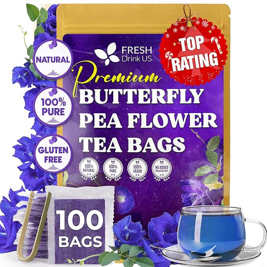 FreshDrinkUS, 100 Premium Butterfly Pea Flower Tea Bags – 100% Pure & Natural | Caffeine-Free Herbal Blue Tea | No Additives, Non-GMO, Made With Natural Material Tea Bag, No Sugar, No Caffeine, No Gluten, Vegan