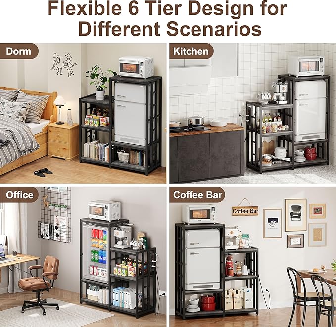 Mini Fridge Stand Coffee Bar Cabinet Station With Small Refrigerator Insert Storage Space, Shelf Organizer For Dorm Microwave To Sit On, Grey Baker Rack With Power Outlet, Big Table To Go Over Fridge