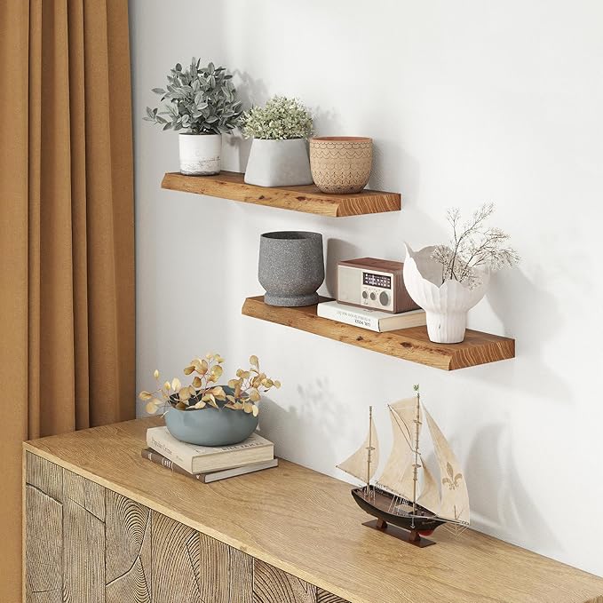 30 Inch Floating Shelves for Wall, Solid Elm Wood Live Edge Floating Shelves for Bedroom Living Room Bathroom, Wall Mounted Wooden Shelf with Invisible Bracket for Books Decor Storage, Natural
