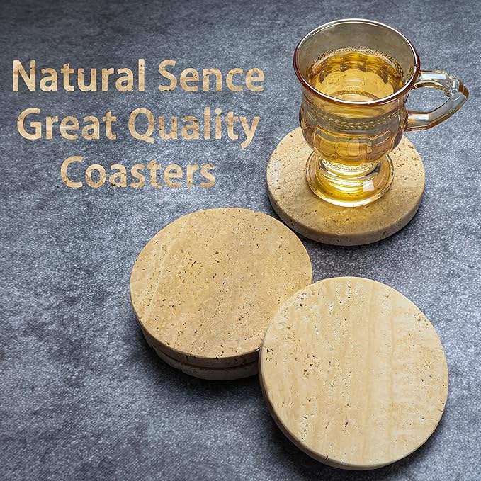 Natural Travertine Coasters Set of 4-4" Round Stone Drink Coasters for Housewarming Gifts, Anniversaries, Office Decorations