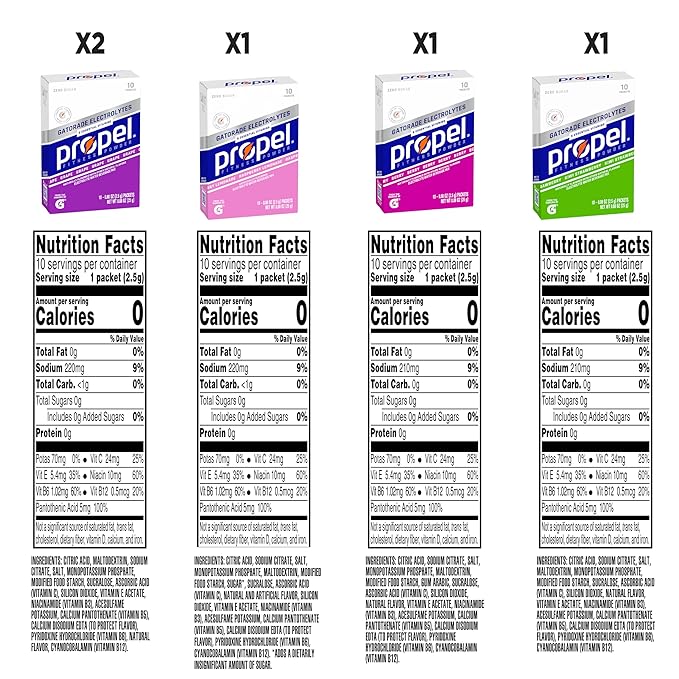 Propel Electrolyte Enhanced Water Drink Mix Powder Packets,4 Flavor Variety Package,Zero Calorie & Zero Sugar Hydration with Electrolytes and Vitamins C & E (100 Total Packets),10 Count(Pack of 10)