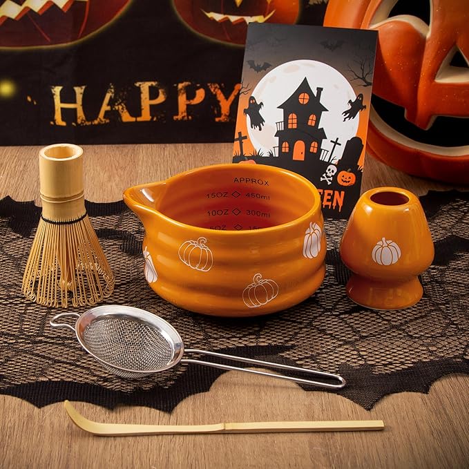 5pcs Pumpkin Matcha Set,Ceramic Bowl with Spout and Bamboo Whisk set, Ceremonical Matcha Kit for breakfast/latte,Tea Starter Making Kit,Unique Matcha Halloween Thanksgiving Gift set (pumpkin)