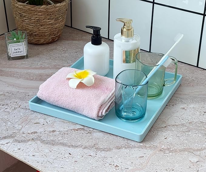 Blue Square Plastic Tray - 11 Inch Organizer Tray for Bathroom Vanity, Dresser, Coffee Table, Nightstand | Decorative Catch-All Tray for Makeup, Jewelry, Remote Controls & Essentials