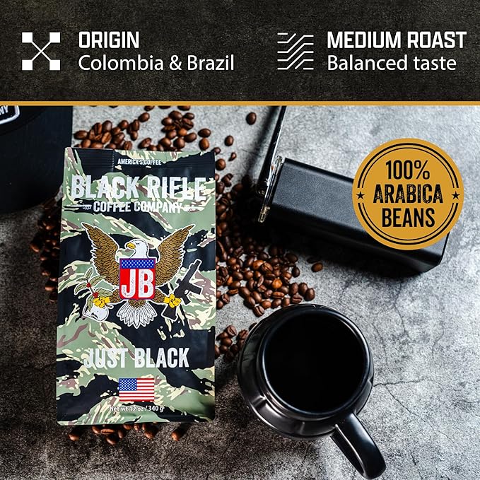 Black Rifle Coffee Company Just Black, 5 lb Bag, Ground Coffee Medium Roast - Roasted Blend Made from Arabica Beans - Colombian & Brazilian Beans - Veteran Founded & American Made