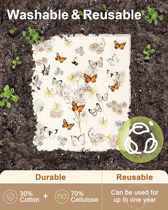 Kitchen Swedish Dishcloths with Hooks - 6 Pack Reusable Dish Cloths for Washing Dishes Fast Drying Cute Fun Swedish Dish Towels Washable Cleaning Sponge, Plant Butterfly