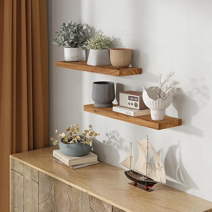 30 Inch Floating Shelves Set of 2, Rustic Solid Elm Wood Floating Shelf for Farmhouse, Living Room, Bedroom, Wall Mounted Bathroom Shelves Heavy-Duty Wall Shelf with Invisible Bracket, Natural