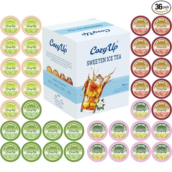 Cozy Up Iced Sweet Tea Variety Pack, 36 Count - Compatible with Keurig Brewers, Includes Sweetened Black, Green, Jasmine Green & Oolong Black Tea - Single Serve Pods for Brew Over Ice