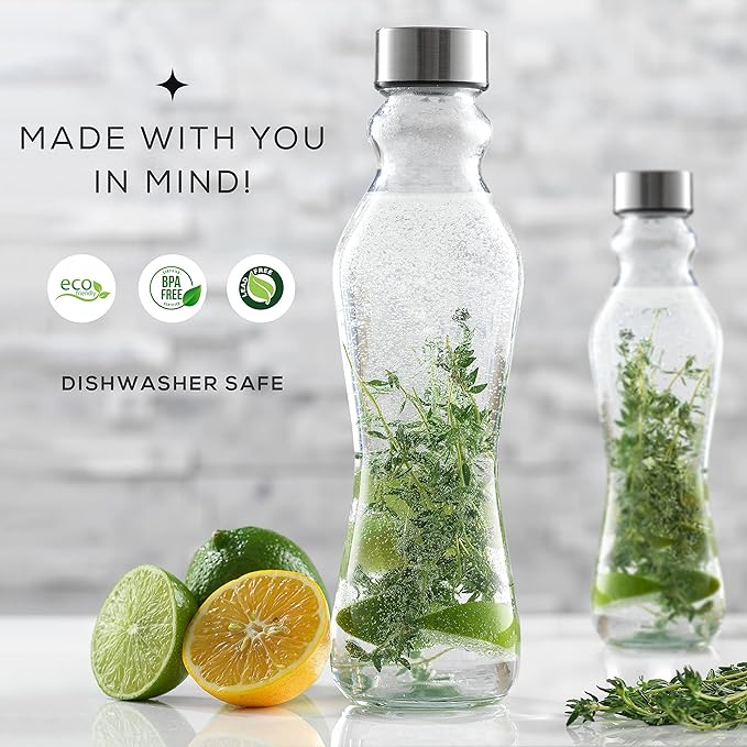 JoyJolt Spring Glass Water Bottles Set of 6-18 oz Glass Bottles with Stainless Steel Caps - Glass Drinking Bottles with Leakproof Lids - Reusable Glass Juice Bottle - Container Bottle Set