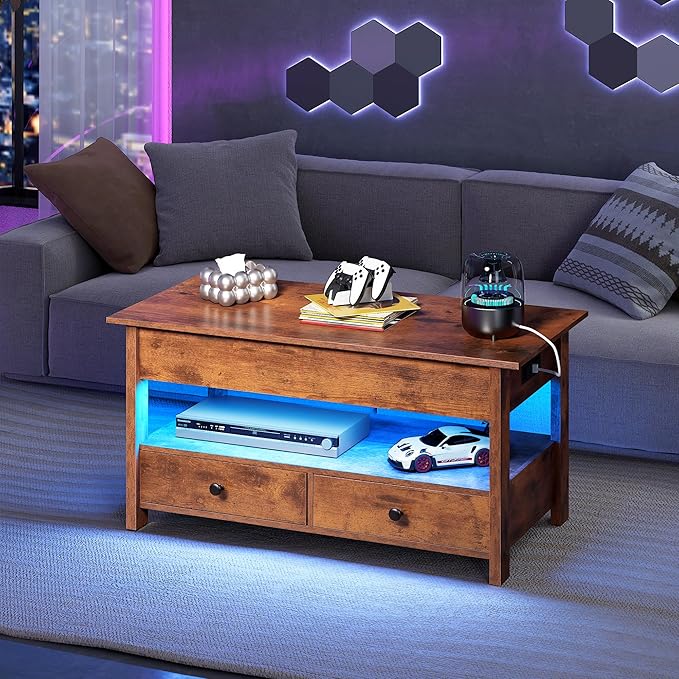 WLIVE Coffee Table, Lift Top Coffee Table with 2 Drawers, LED Light, Large Storage and Open Shelf, Lift Tabletop for Living Room, Black, Rustic Brown