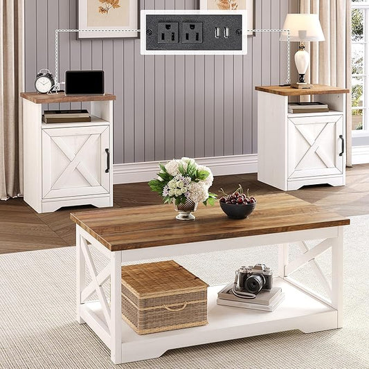3-Piece Farmhouse Living Room Table Sets, Includes 1 x Coffee Table, 2 x End Tables with Charging Station & USB Ports, Rustic Coffee Table Set of 3, Distressed White