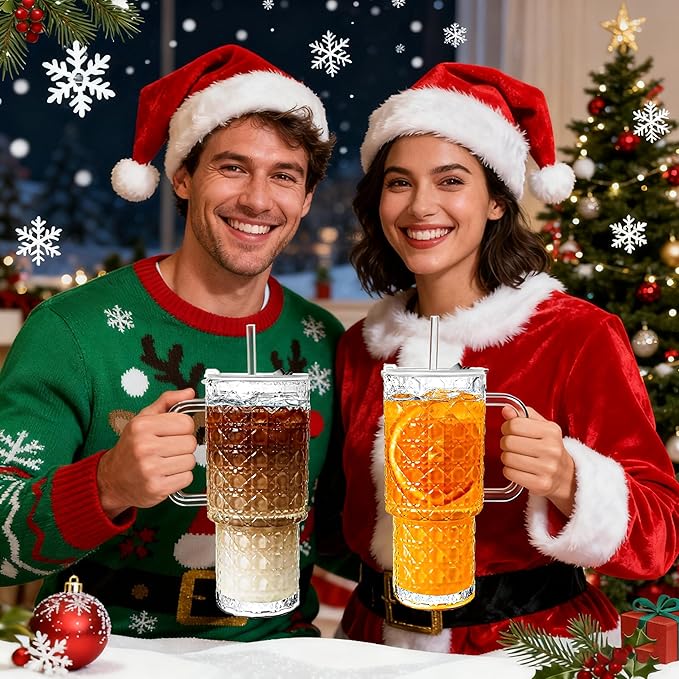 26oz Glass Cups with Lids and Straws,2 Pack Tumbler With Handle Mason Jar Wide Mouth Reusable Drinking Glasses with Lid and Straw Smoothie Tumbler Iced Coffee Beer Cup Travel Mug(Diamond)