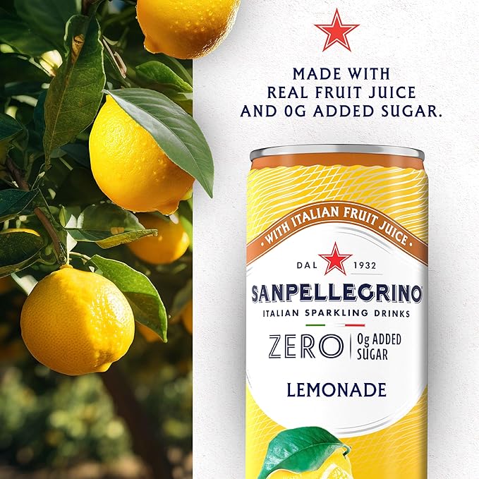 Sanpellegrino Zero Grams Added Sugar Italian Sparkling Drinks Lemonade, Sparkling Lemon Beverage, 24 Pack of 11.15 Fl Oz Cans
