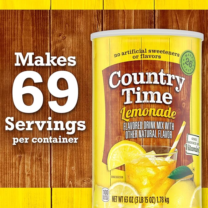 Country Time Lemonade Powdered Drink Mix, 1 Canister, for Flavorful Hydration and Shareable Refreshment, Naturally Flavored with Other Natural Flavor, No Artificial Sweeteners or Flavors, 63 oz