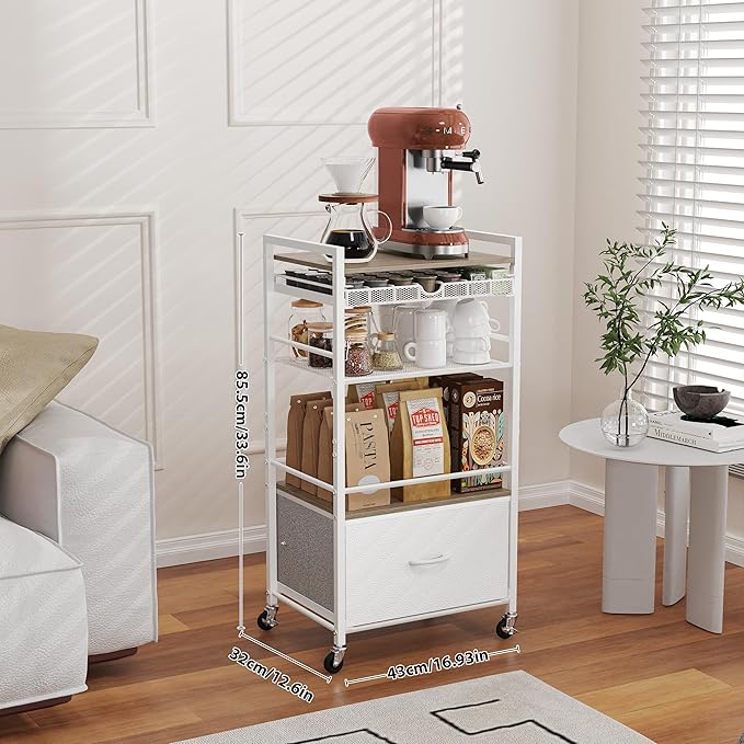 Coffee Bar Cabinet with Storage，5 Tier Coffee Station Table on Wheels, 33.6" H Cart with Drawer for Home Kitchen, Liquor Buffet Sideboard Cabinet (Modern White)
