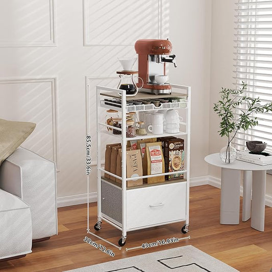 Coffee Bar Cabinet with Storage，5 Tier Coffee Station Table on Wheels, 33.6" H Cart with Drawer for Home Kitchen, Liquor Buffet Sideboard Cabinet (Modern White)