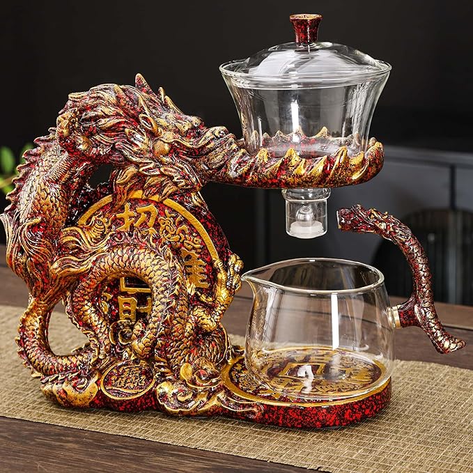 Glass Teapot Set with Infuser Semi Automatic Dragon Tea Set with 6 Small Cups (red golden dragon-b)