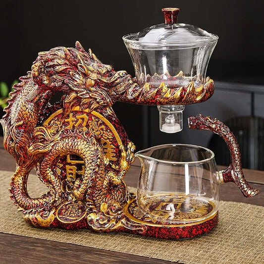 Glass Teapot Set with Infuser Semi Automatic Dragon Tea Set with 6 Small Cups (red golden dragon-b)