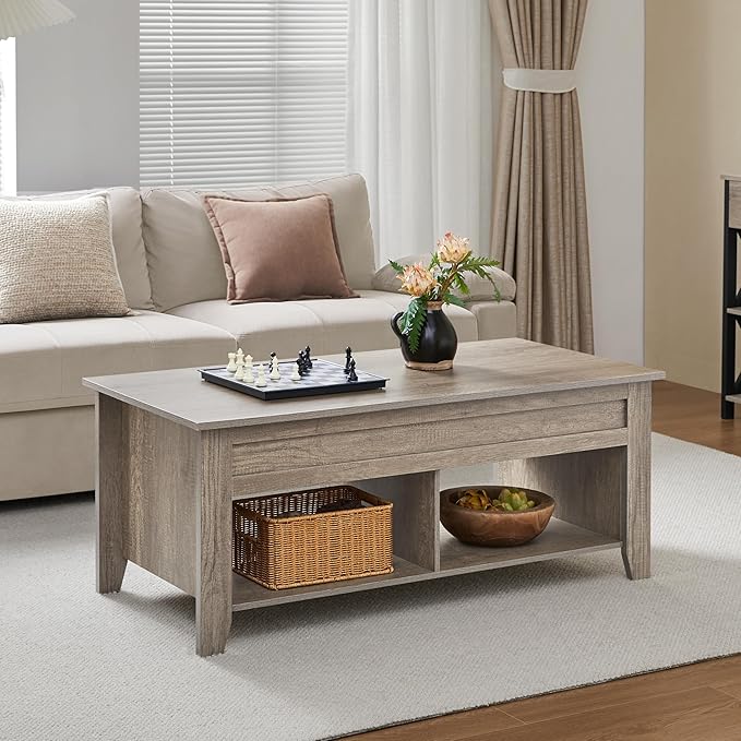 Yaheetech Lift Top Coffee Table, Coffee Table with Hidden Storage Compartment & Lower Shelf, 39.5in Center Table for Living Room, Office, Grey
