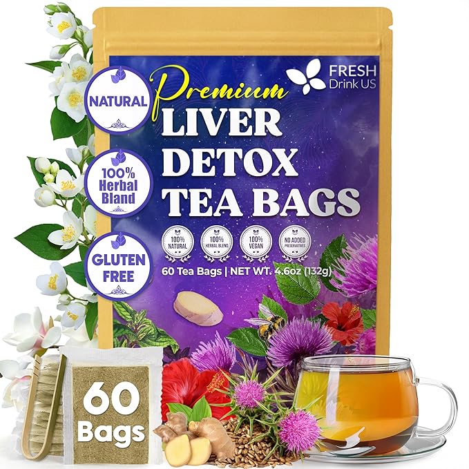 FreshDrinkUS, Premium Liver Detox Tea Bags | 60 Count | Eco-Conscious Corn Fiber Tea Bags | Ayurvedic Stomach Relief & Liver Support | Vegan, Caffeine Free, Kosher
