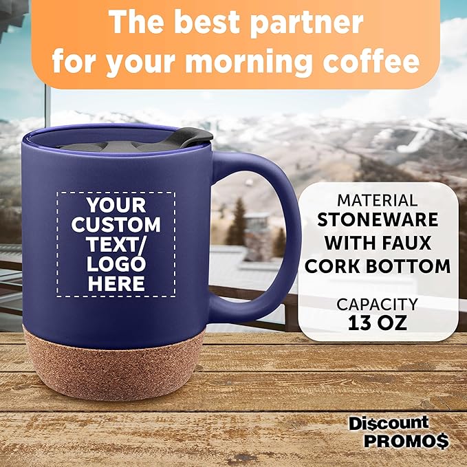 Custom Barista Ceramic Mugs with Cork Bottom 13 oz Set of 12/36/72 Personalized Bulk Pack Perfect for Coffee Tea Espresso Hot Cocoa Other Beverages - Blue