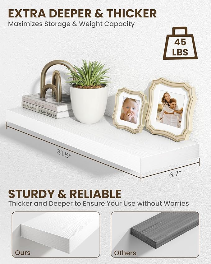 Marsmiles 32" Floating Shelves for Wall, Wooden Shelves with Invisible Brackets Set of 2, Rustic Farmhouse Wall Mounted Shelf for Kitchen Bathroom Living Room Study, White