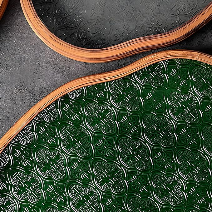 IwaiLoft Glass Serving Tray with The Crabapple Pattern Glass and Walnut for Kitchen Countertop Home Decor for Coffee Table, Also Suitable for Tea Coffee Decorative Trays (Green,14.5" x 10" x 1")