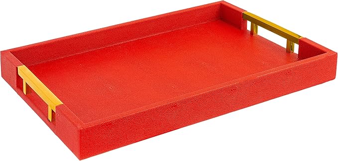 Modern Elegant 17.5"x12" Rectangle Red Shagreen Faux Leather Decorative Tray Ottoman Coffee Table Perfume Living Room Kitchen Serving Tray with Gold Polished Metal Handles by Home Redefined