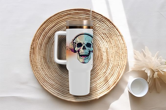 Halloween Skull Tumbler with Straw, Stainless Steel, 40 oz, Music Theme, Custom Insulated Travel Mug