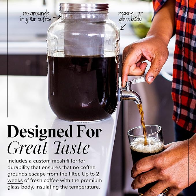 Willow & Everett Cold Brew Coffee & Iced-Tea Maker Pitcher, 1 Gal Glass Dispenser w/Metal Spigot & Mesh Filter Iced Coffee & Sun Tea Brewing System