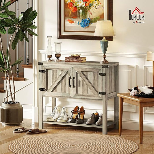 HOMCOM Farmhouse Double Door Coffee Bar Cabinet, Console Table, Sideboard Buffet Cabinet with Bottom Shelf for Entryway, Living Room, Washed-Out Gray