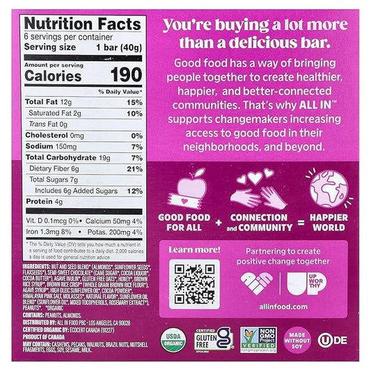 All In Snack Bars California Almond, Dark Chocolate + Sea Salt - Healthy Snack for Adults and Kids - Gluten Free - Organic - Non-GMO (6 Pack)