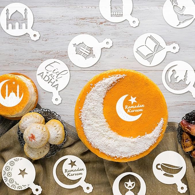 JULBEAR 36 Pieces Reusable Eid Mubarak Cookie Cake Stencils, Ramadan Stencil Templates Mold Tools for Cookies Coffee DIY Eid Mubarak Holiday Baking Painting Dessert Craft Decoration