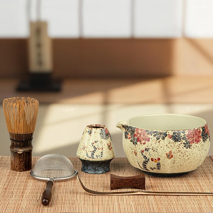 7-Piece Matcha Set with Matcha Bowl, Bamboo Whisk (Chasen) & Holder, Sifter, Tea Scoop & Rest, Special Bamboo Tea Mat - Perfect Matcha Kit for Matcha Lovers & Gift Giving, Kitty Pattern