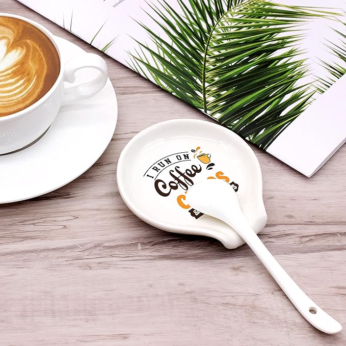Funny Coffee Quote I Run On Coffee Ceramic Coffee Spoon Holder-Coffee Spoon Rest -Station Decor Coffee Bar Accessories-Coffee Lovers Gift for Women and Men
