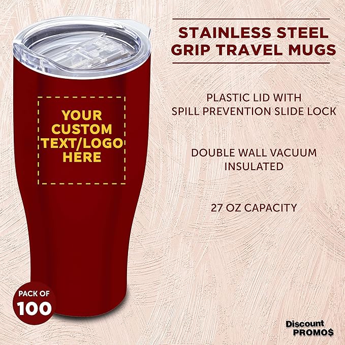 Custom Stainless Steel Grip Travel Mugs 27 oz. Set of 100, Personalized Bulk Pack - Perfect for Coffee, Soda, Other Hot & Cold Beverages - Red