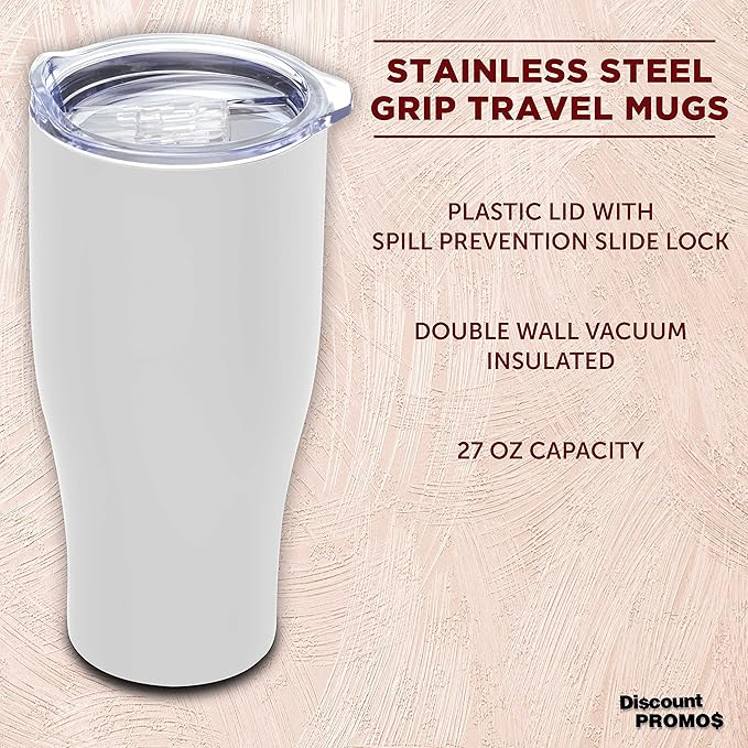 DISCOUNT PROMOS Stainless Steel Grip Travel Mugs 27 oz. Set of 10, Bulk Pack - Perfect for Coffee, Soda, Other Hot & Cold Beverages - White