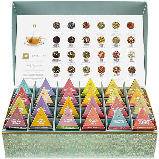 Teabloom - World's Finest Pyramid Tea Collection, 24 Varieties of USDA Certified Organic & Kosher Teas - Black Tea, Green Tea, White Tea, Oolong Tea, and Herbal/Fruit Tea Blends