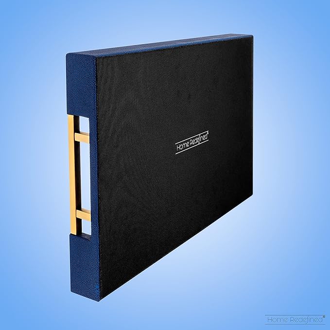 Modern Elegant 17.5”x12” Rectangle Navy Blue Faux Leather Shagreen Decorative Tray Ottoman Tray Coffee Table Perfume Living Room Kitchen Serving Tray with Brass Gold Metal Handles by Home Redefined.