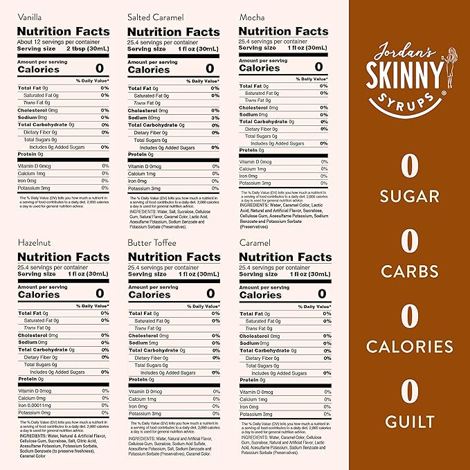 Jordan's Skinny Mixes Sugar Free Coffee Syrup, 6 Sampler Variety Pack Coffee Flavoring Syrup, Zero Calorie Drink Mix, Lattes, Baking, Protein Shake or Cocktail, Dairy & Gluten Free, Kosher, 25.4 Fl Oz