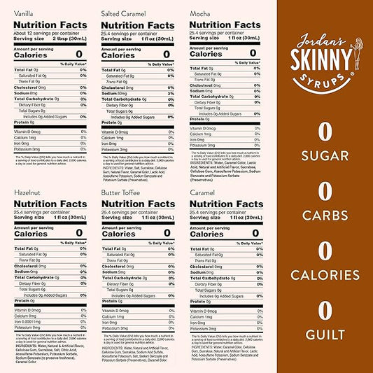 Jordan's Skinny Mixes Sugar Free Coffee Syrup, 6 Sampler Variety Pack Coffee Flavoring Syrup, Zero Calorie Drink Mix, Lattes, Baking, Protein Shake or Cocktail, Dairy & Gluten Free, Kosher, 25.4 Fl Oz