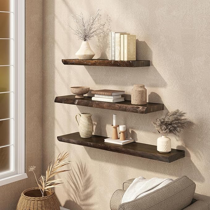 Floating Shelves Set of 2, Solid Elm Wood Wall Shelves 36 Inch - Invisible Bracket Mount for Living Room, Bedroom, Kitchen, Bathroom - Brown