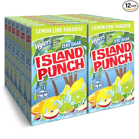 Wyler’s Light Island Punch Singles To Go, Lemon Lime Paradise, 10-Count per Box (12 Pack) – Low Calorie Powdered Drink Mixes, Caffeine Free, Gluten Free, and Zero Sugar, 120 Total Powder Packets