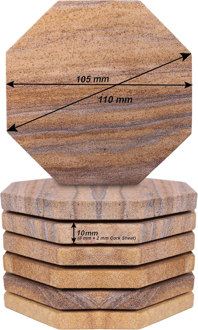 Sandstone Water Absorbent Hand Crafted Octagon Coasters with Holder for Drinks 4 Inches Wide Thirsty Stone Bar/Drink Coasters Made from Real Solid Stone (with Holder, Set of 6)