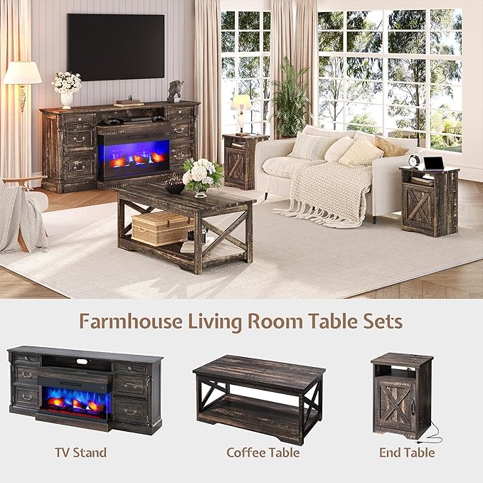 3-Piece Farmhouse Living Room Table Sets, Includes 1 x Coffee Table, 2 x End Tables with Charging Station & USB Ports, Rustic Coffee Table Set of 3, Black Oak