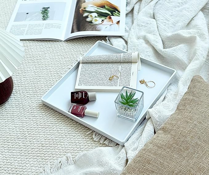 White Square Tray 11 Inch - 3 Pack Plastic Serving Tray, Multi-Purpose Decorative Tray for Bathroom Countertop, Dresser, Ottoman & Coffee Table, Vanity Tray for Jewelry & Makeup, White