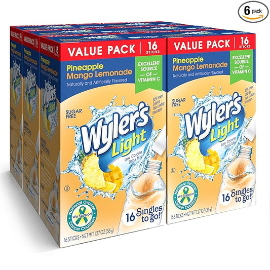 Wyler's Light Singles To Go Powder Packets, Water Drink Mix, 16 Count, 6 Boxes (96 Single Servings) (Pineapple Mango Lemonade)